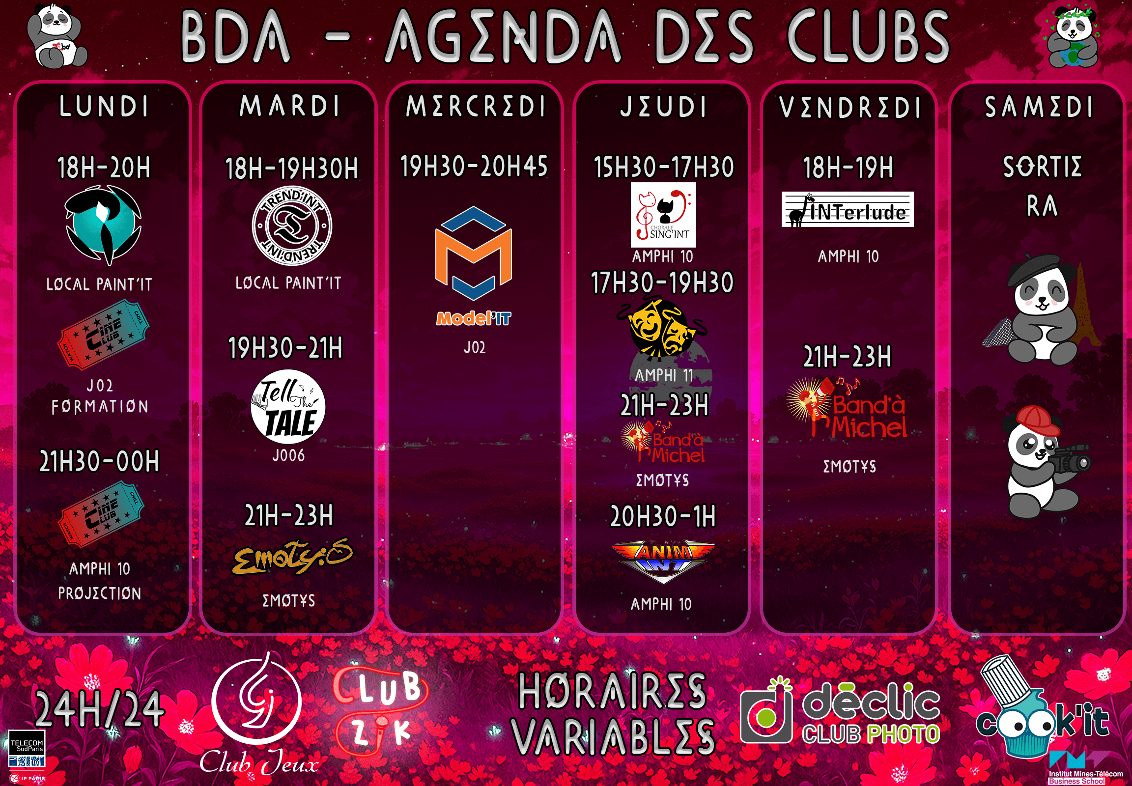 Horaires hebdomadaires des clubs