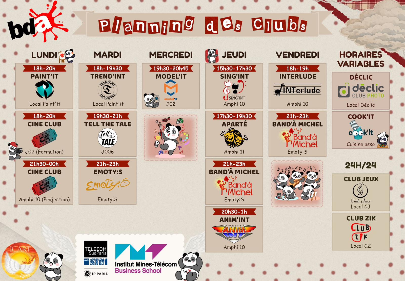Horaires hebdomadaires des clubs
